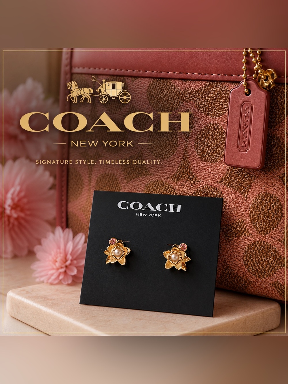 NWT Coach Gold Tone Wildflower tea rose Stud Earrings Pink Pearl Crystal Gems